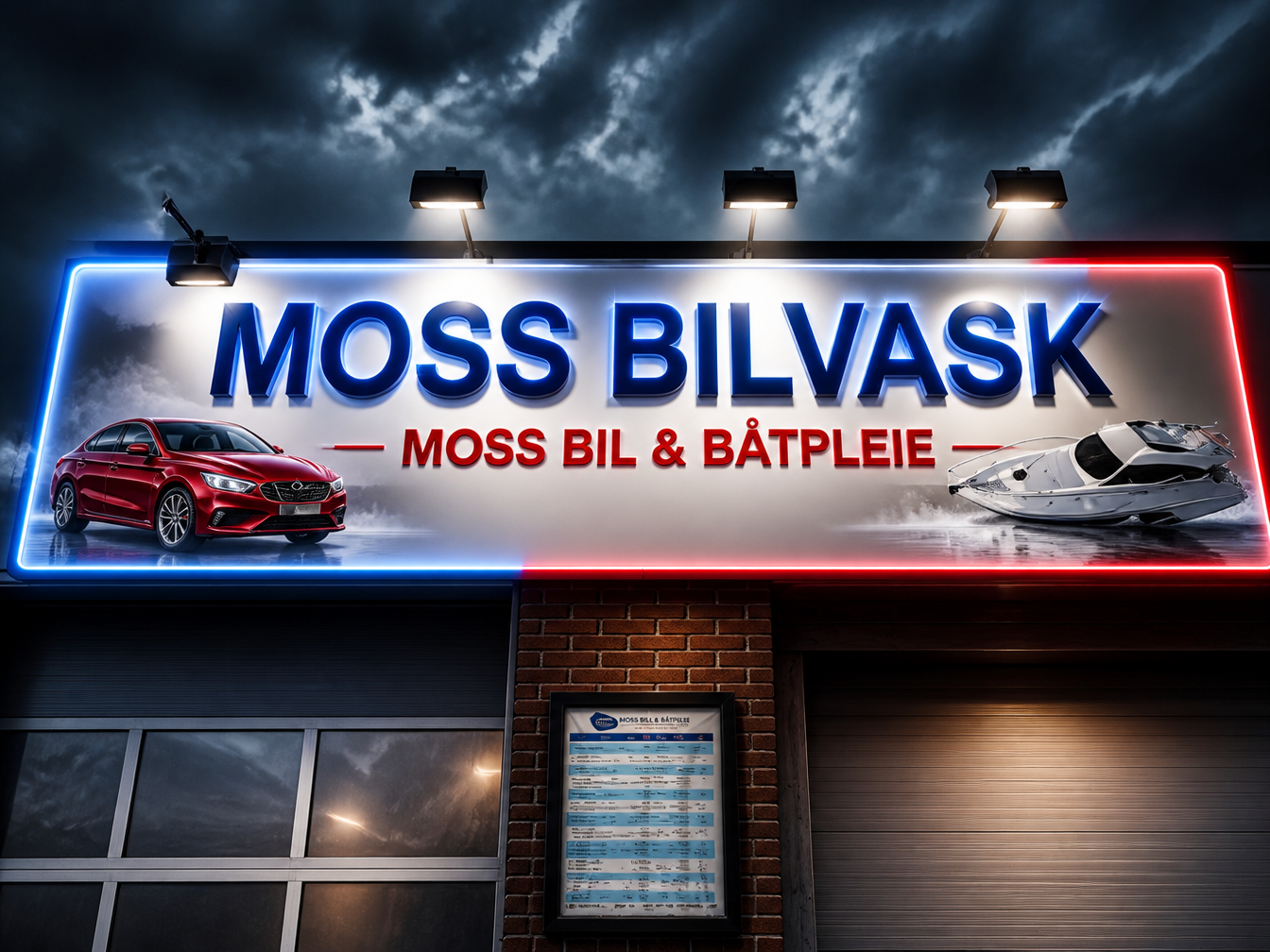 Moss Bilvask skilt med bil og båt